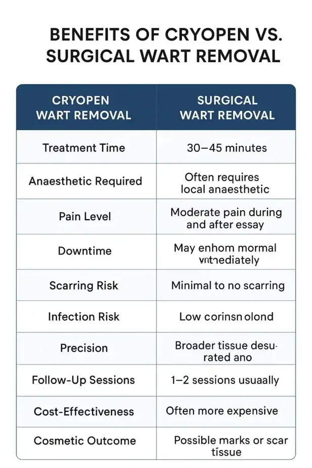 Table showing the benefits of cryopen to remove warts Widnes compared to surgical treatment